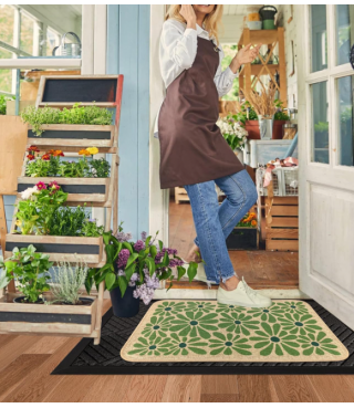 Spring Green Floral Decorative Doormat, Seasonal Summer Low-Profile Switch Rug Door Mat Floor Mat for Indoor Outdoor 17x29 Inch