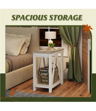 Farmhouse End Table, Narrow Side Table with Charging Station
