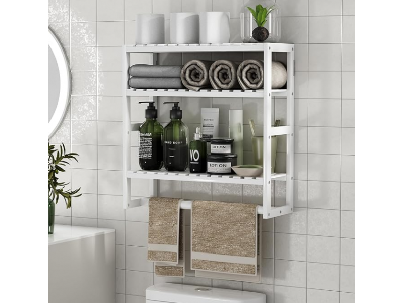 Towel Rack Bathroom Storage Shelves Over The Toilet with Towel Bar 100% Bamboo Adjustable