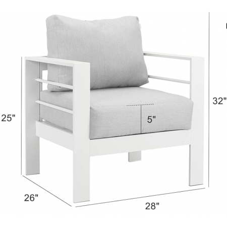 All-Weather Outdoor Single Sofa, White Metal Chair with Light Grey Cushions