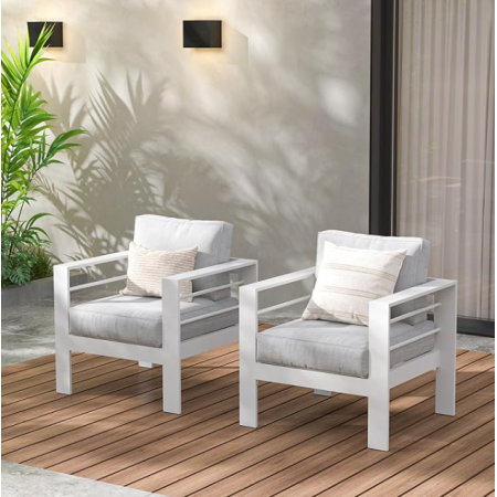 All-Weather Outdoor Single Sofa, White Metal Chair with Light Grey Cushions