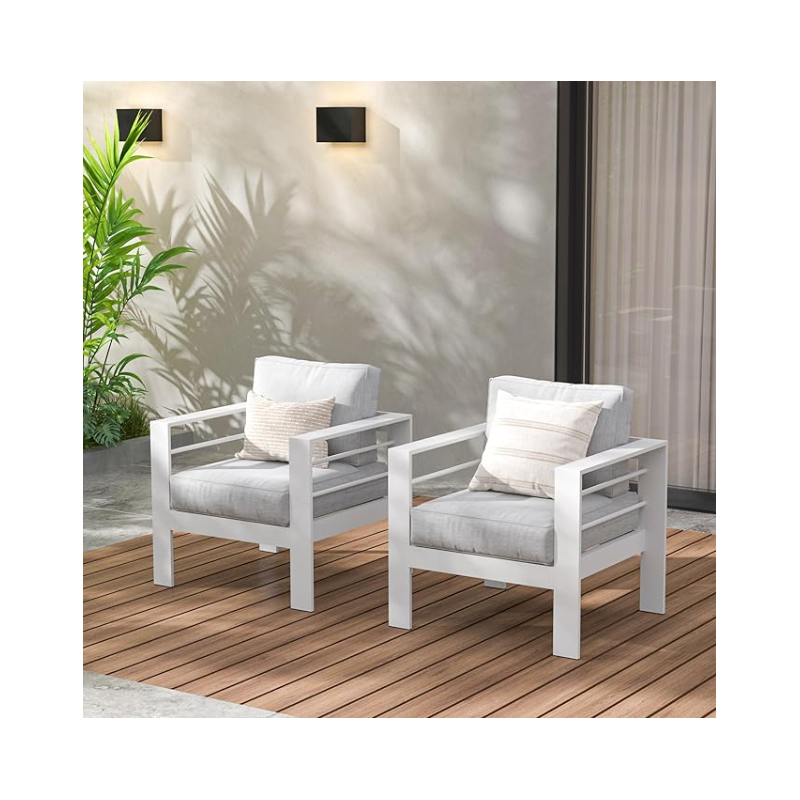 All-Weather Outdoor Single Sofa, White Metal Chair with Light Grey Cushions