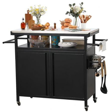 Outdoor Grill Table with Stainless Steel Top for Kitchen Prep and Outdoor Storage Cabinet for Grilling Accessories, Black
