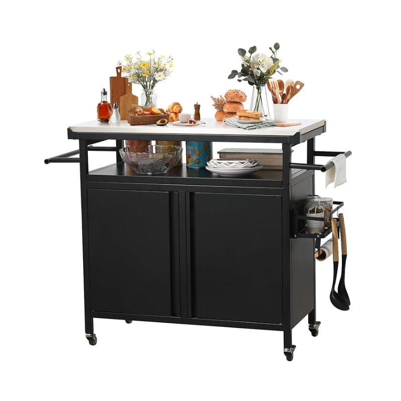Outdoor Grill Table with Stainless Steel Top for Kitchen Prep and Outdoor Storage Cabinet for Grilling Accessories, Black