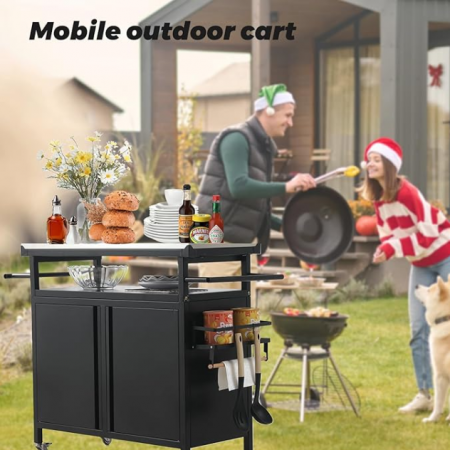 Outdoor Grill Table with Stainless Steel Top for Kitchen Prep and Outdoor Storage Cabinet for Grilling Accessories, Black