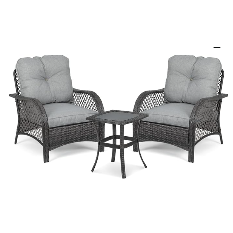 Outdoor Table and Chairs with Cushion, Wicker Conversation Bistro Set Balcony Furniture for Porch