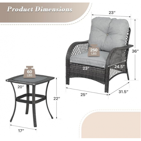 Outdoor Table and Chairs with Cushion, Wicker Conversation Bistro Set Balcony Furniture for Porch