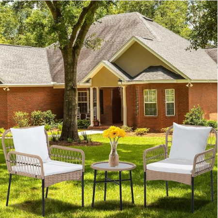 Small Boho Outdoor Rattan Woven Chairs Wicker Sofa Garden Conversation Balcony Bistro Sets for Yard,Pool or Backyard,Front Porch