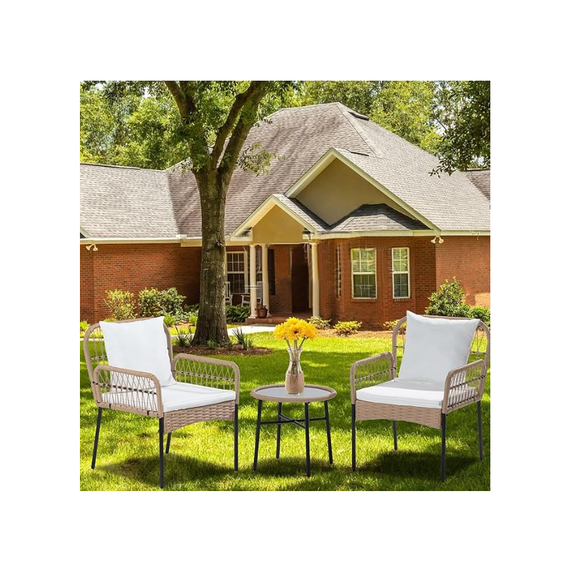 Small Boho Outdoor Rattan Woven Chairs Wicker Sofa Garden Conversation Balcony Bistro Sets for Yard,Pool or Backyard,Front Porch