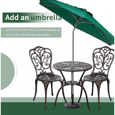 Set 3 Piece Patio Bistro Set with Umbrella Hole, Weather Resistant Bistro Table and Chairs Set of 2 for Porch Garden, Bronze