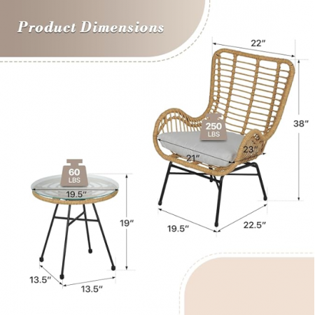 Outdoor Table and Chairs Conversation Bistro Set with Cushion, Wicker Balcony Furniture for Porch