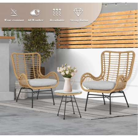 Outdoor Table and Chairs Conversation Bistro Set with Cushion, Wicker Balcony Furniture for Porch