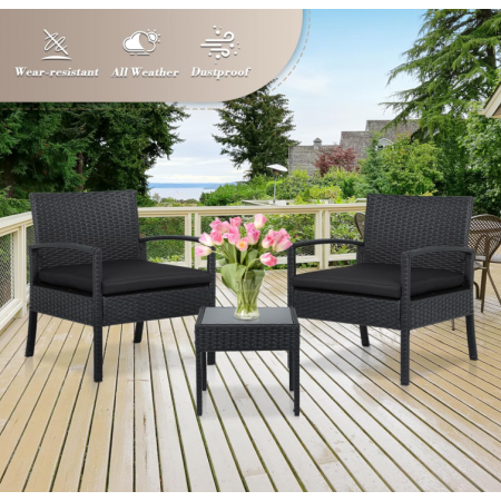 Outdoor Bistro Table and Chairs Set with Seat Cushion for Garden, Front Porch, Backyard, Black