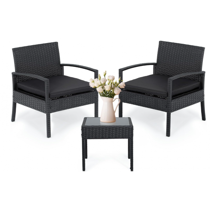 Outdoor Bistro Table and Chairs Set with Seat Cushion for Garden, Front Porch, Backyard, Black