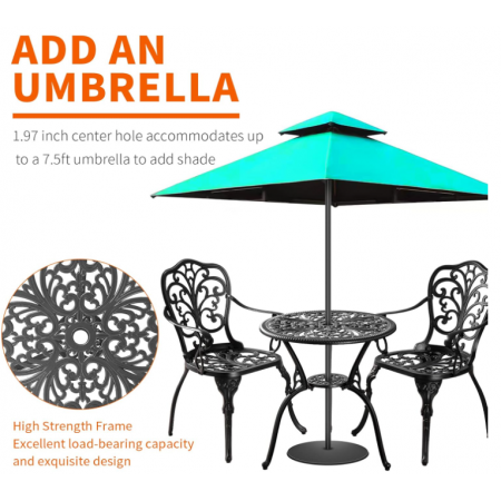 All Weather Patio Bistro Set with Umbrella Hole, Patio Set for Garden, Black