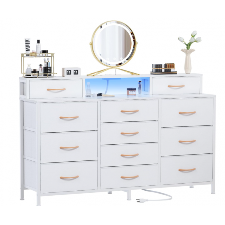 Furnulem White Dresser for Bedroom with LED Lights & Charging Station