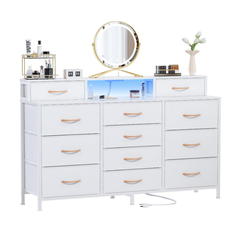 Furnulem White Dresser for Bedroom with LED Lights & Charging Station