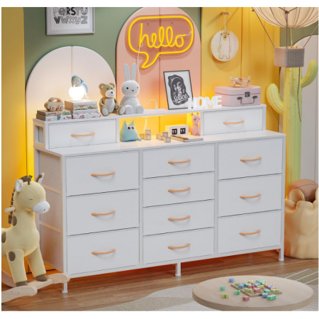 Furnulem White Dresser for Bedroom with LED Lights & Charging Station