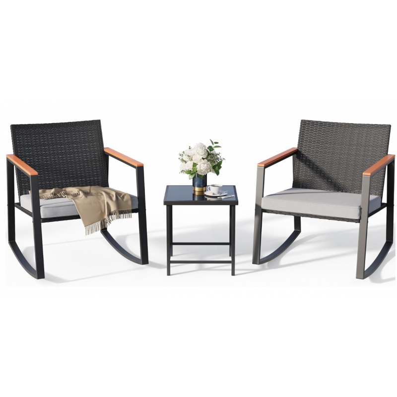 Outdoor Patio Wicker Furniture Set with Glass Table and Cushion for Garden, Yard, Porch