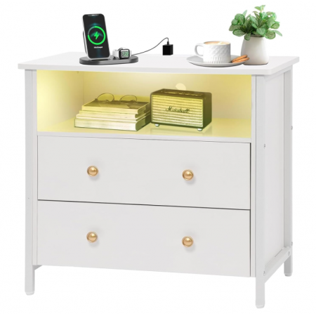 LED Nightstand with Charging Station and Adjustable Drawer, Bedside Table for Living Room