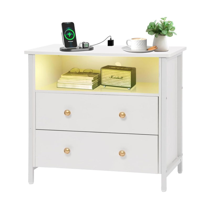 LED Nightstand with Charging Station and Adjustable Drawer, Bedside Table for Living Room