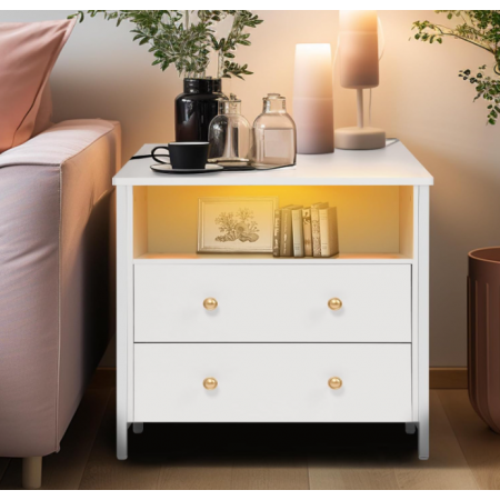 LED Nightstand with Charging Station and Adjustable Drawer, Bedside Table for Living Room