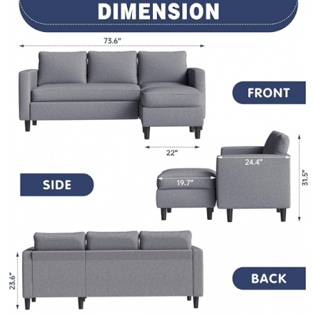 Fabric Upholstered Convertible Sofa Couches, Small Couch for Apartments, Living Room and Office