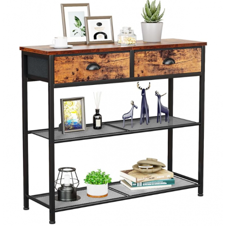 Table with 2 Fabric Drawers, Industrial Table for Entry Way, Display Shelf for Hallway, Entrance, Foyer, Rustic Brown
