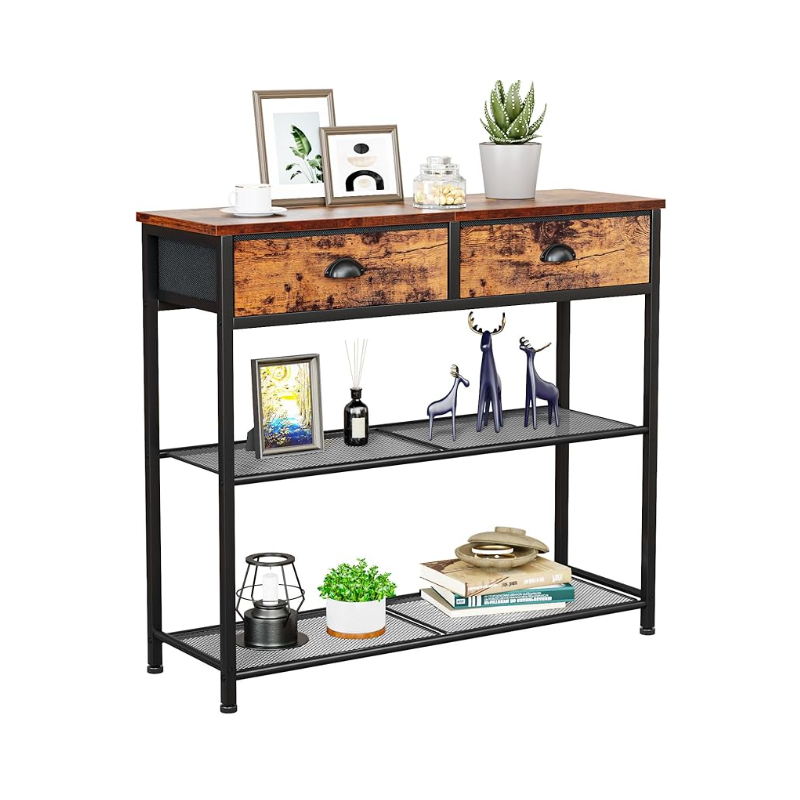 Table with 2 Fabric Drawers, Industrial Table for Entry Way, Display Shelf for Hallway, Entrance, Foyer, Rustic Brown