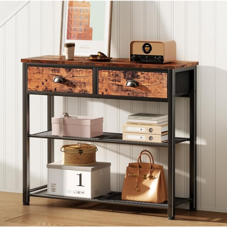 Table with 2 Fabric Drawers, Industrial Table for Entry Way, Display Shelf for Hallway, Entrance, Foyer, Rustic Brown