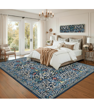 Dark Blue Floral Pattern Washable Rug for Living Room, Bedroom
