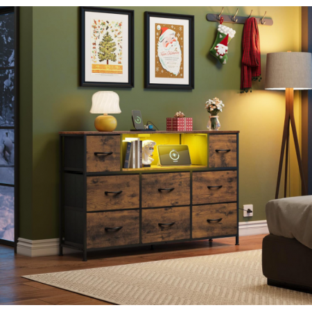TV Stand for Bedroom for 55 inch TV with Charging Station and LED Lights, Fabric Chest of Drawers with Open Shelves