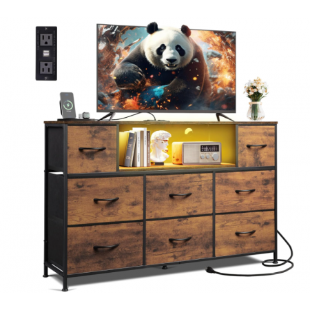 TV Stand for Bedroom for 55 inch TV with Charging Station and LED Lights, Fabric Chest of Drawers with Open Shelves