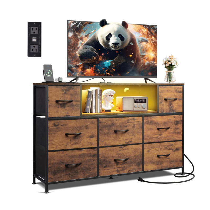 TV Stand for Bedroom for 55 inch TV with Charging Station and LED Lights, Fabric Chest of Drawers with Open Shelves
