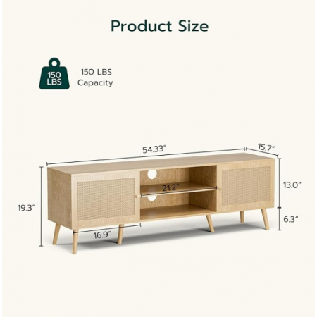 Shelves & 2 Cabinets, Long Boho Media Console for Living Room, Natural