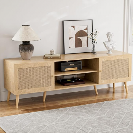 Shelves & 2 Cabinets, Long Boho Media Console for Living Room, Natural