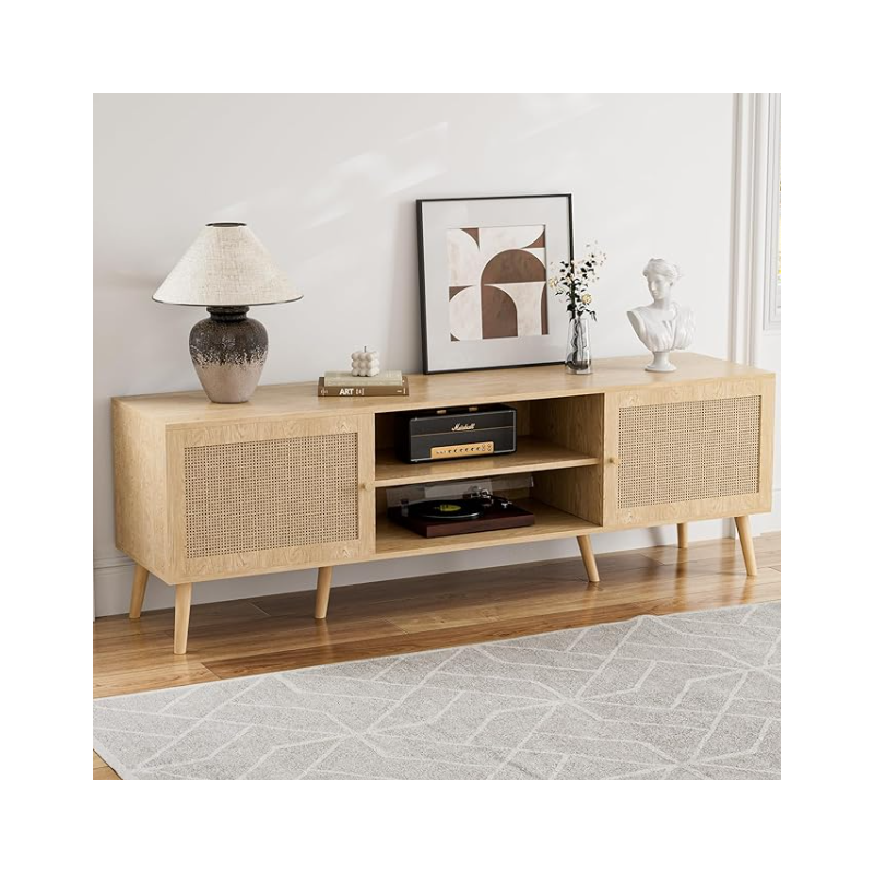 Shelves & 2 Cabinets, Long Boho Media Console for Living Room, Natural