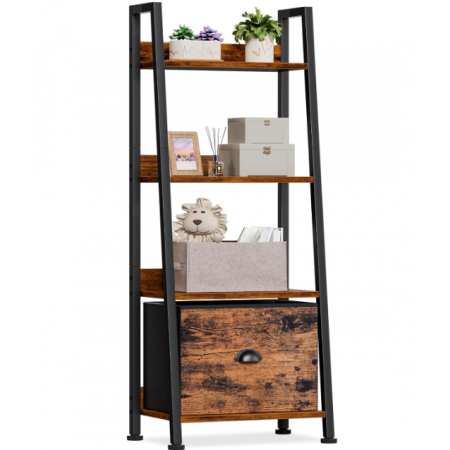 Ladder Bookshelf with Removable Drawer, Rustic Bookcase Storage Rack Organizer
