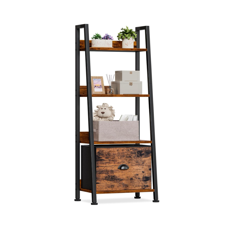 Ladder Bookshelf with Removable Drawer, Rustic Bookcase Storage Rack Organizer