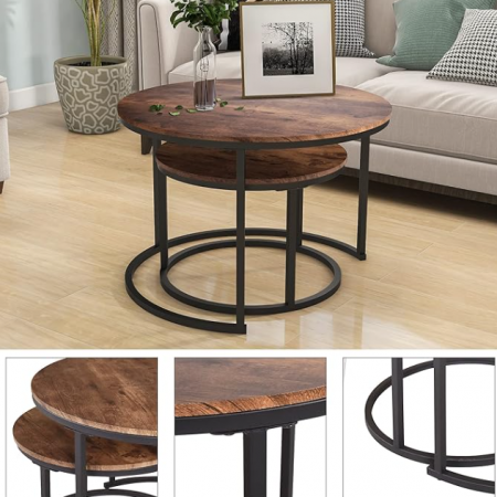 Industrial Round Coffee Table Set of 2 End Table for Living Room