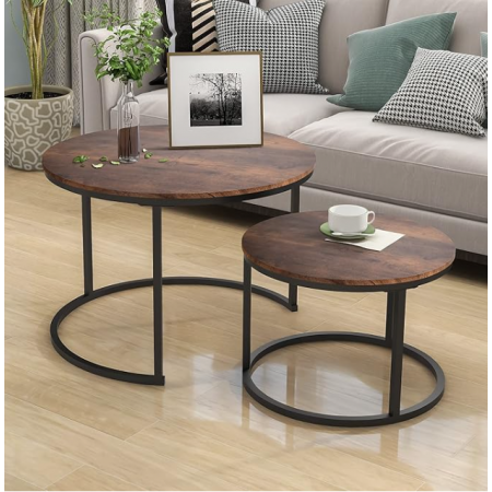 Industrial Round Coffee Table Set of 2 End Table for Living Room