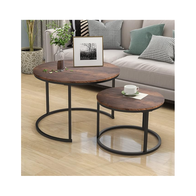 Industrial Round Coffee Table Set of 2 End Table for Living Room