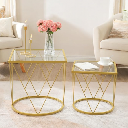 Small Coffee Table Set of 2, Gold End Tables with Tempered Glass Top