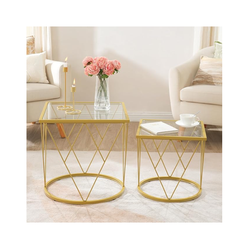 Small Coffee Table Set of 2, Gold End Tables with Tempered Glass Top