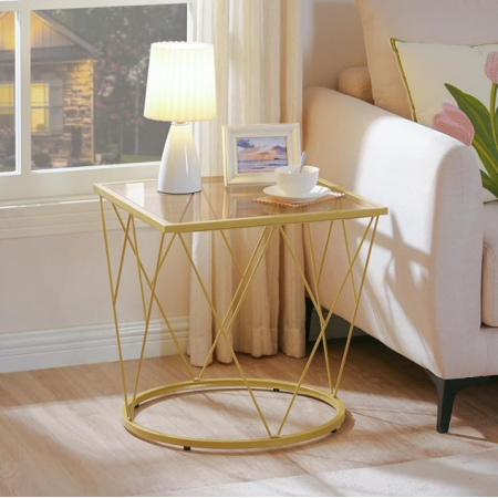 Small Coffee Table Set of 2, Gold End Tables with Tempered Glass Top