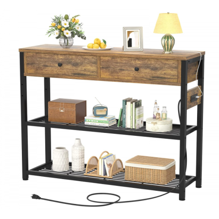 Table with Outlets and USB Ports, Console Table with 2 Drawers