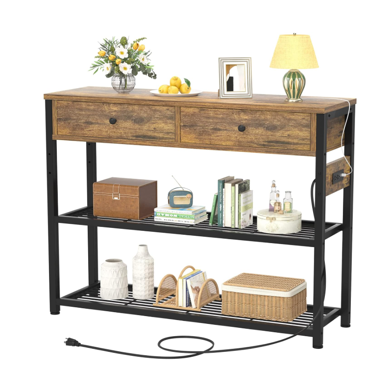 Table with Outlets and USB Ports, Console Table with 2 Drawers
