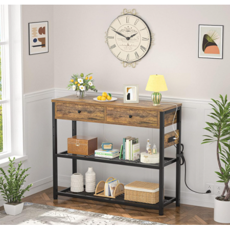 Table with Outlets and USB Ports, Console Table with 2 Drawers