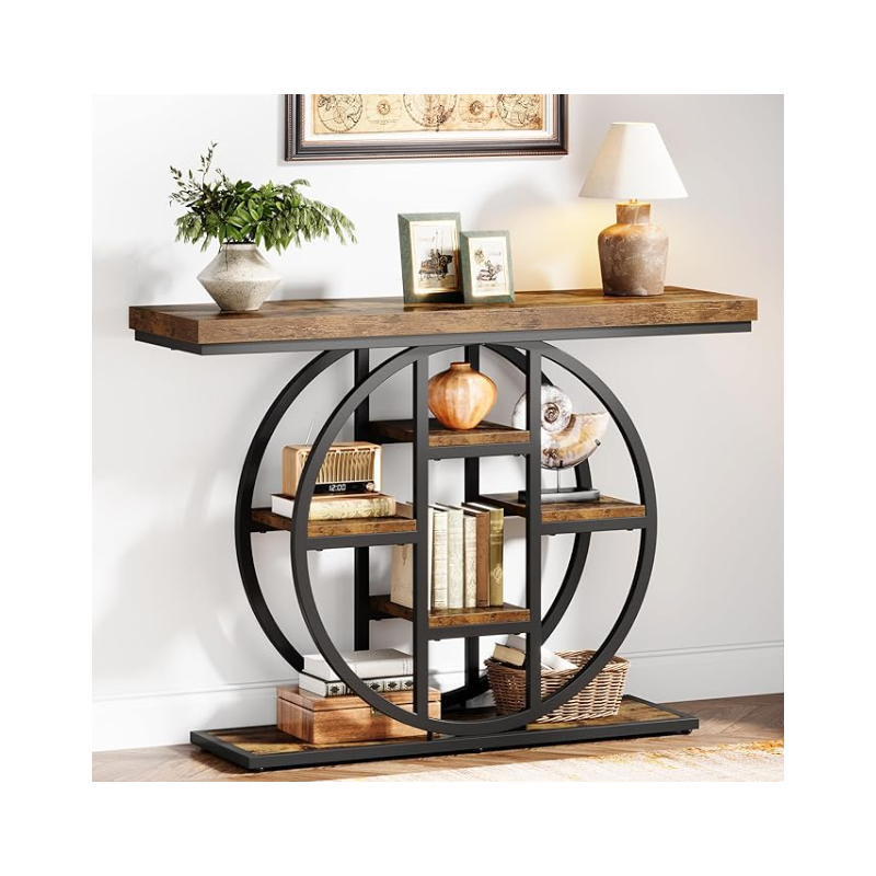 4-Tier Entryway Table with Circle Base, Industrial Narrow Wood Sofa Accent Tables