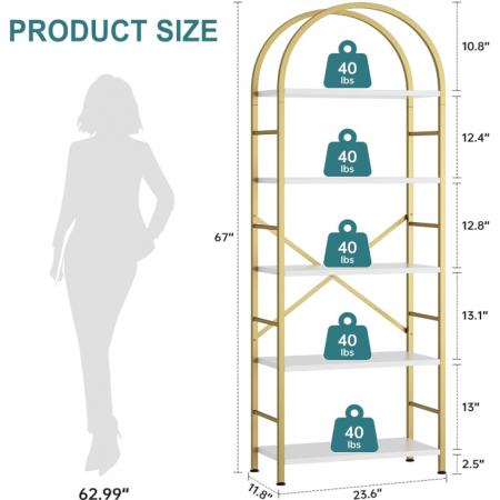 Arched Bookshelf 5 Tier Bookcase Shelf for CDs/Books